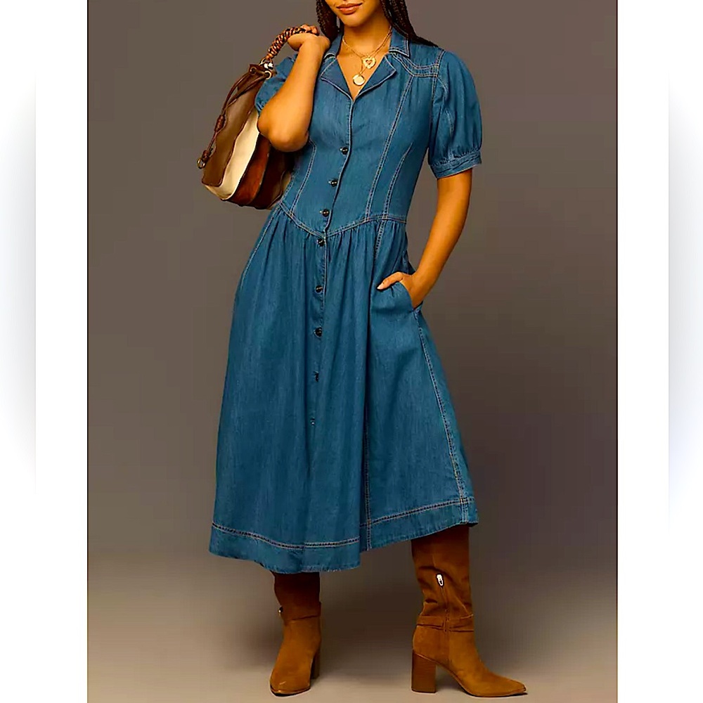 • Anthropologie Pilcro short sleeved denim midi shirt dress 22w